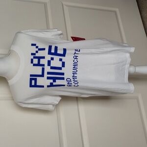 True Religion 'play nice and communicate' white blue letter graphic tee large